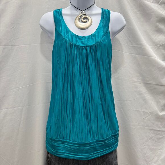 Y2K Glam Byer California Teal Crinkle Halter Top Ring Back Tank Made in USA M - Picture 2 of 8